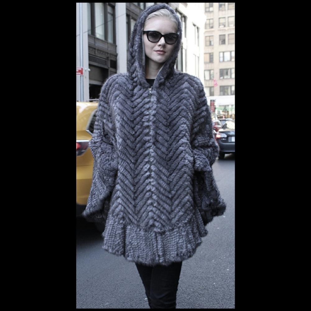 Gray Knit Mink Fur Poncho with Hood